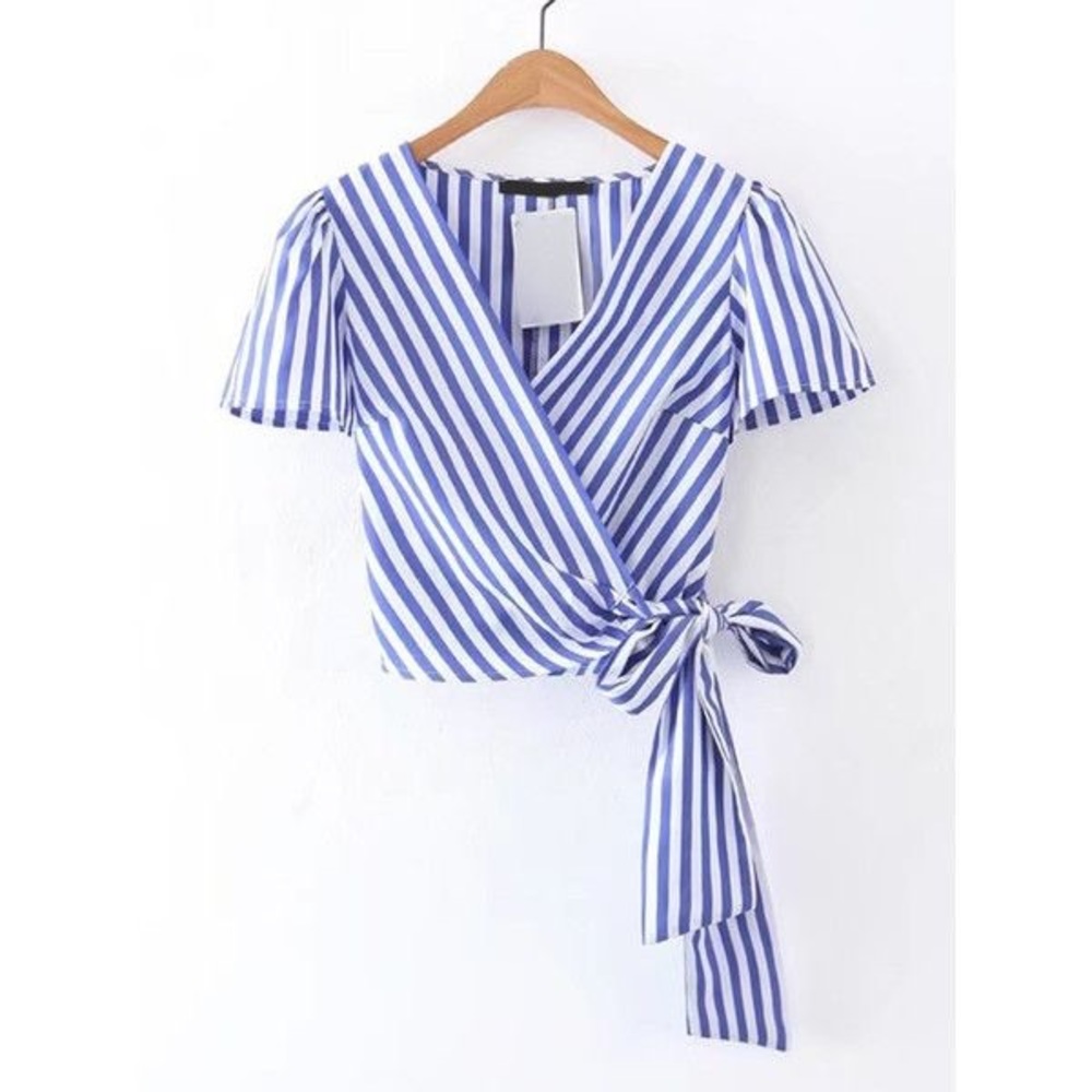 Sheinside Blue Striped Wrap Top